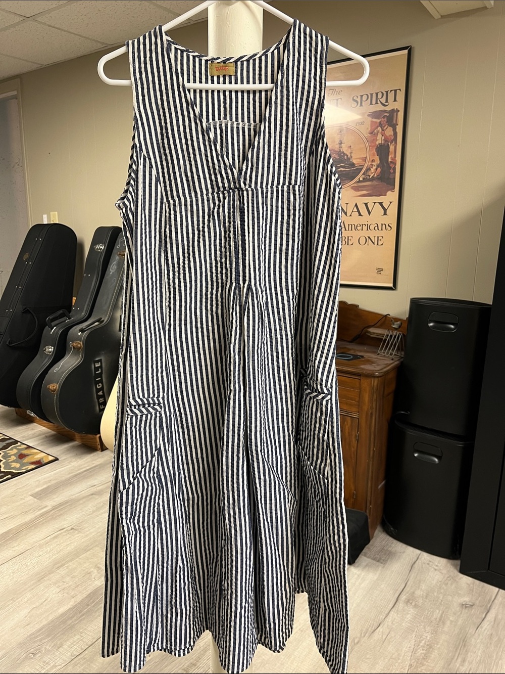 Tulip Striped Boho Navy and White Sleeveless A-Line Dress XS